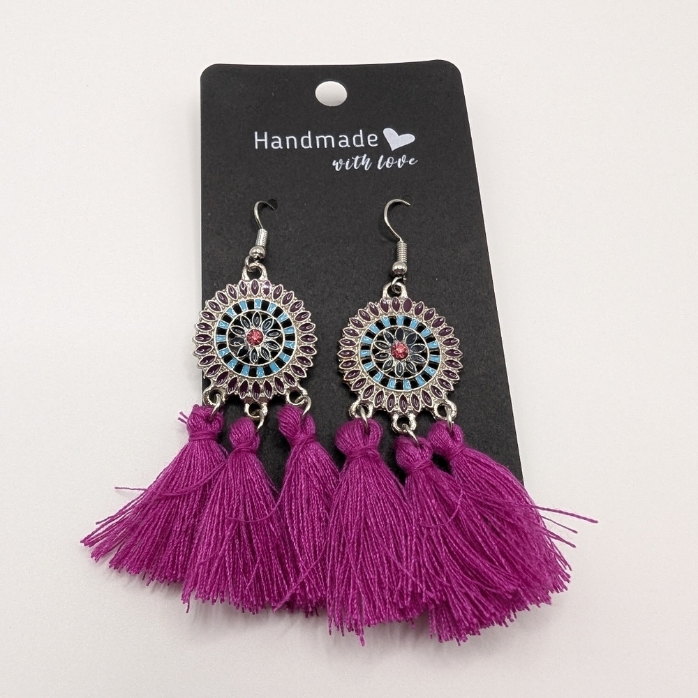 Handmade Fuchsia Pink Fringe Boho Embellished Circle Top Earrings 2.75" NEW